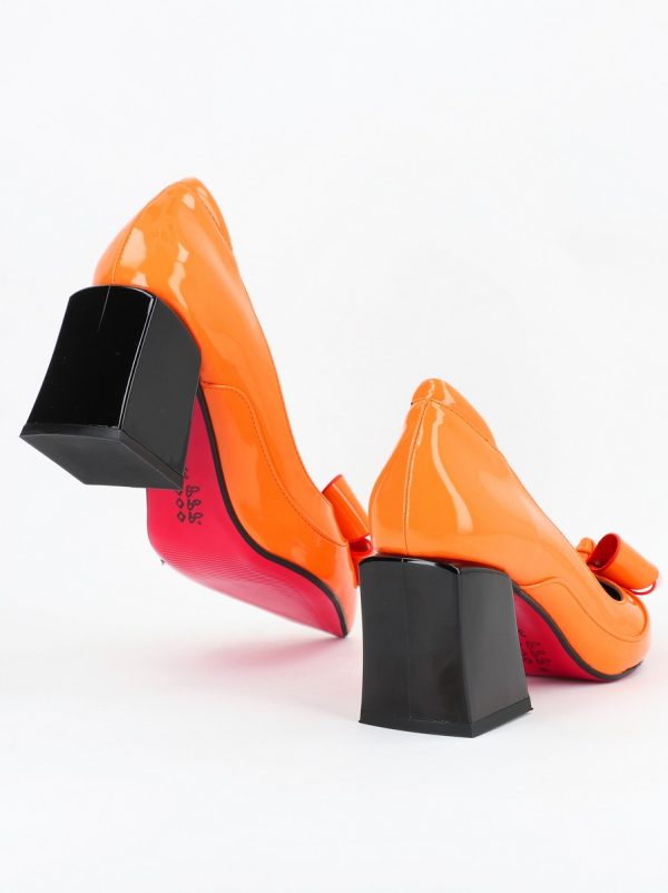Pantofi Dama cu Toc Gros din Piele Eco cu Fundita Portocaliu - BS733PT2305425 120