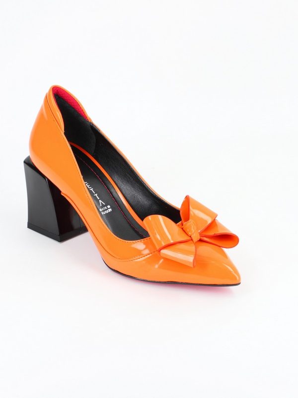 Pantofi Dama cu Toc Gros din Piele Eco cu Fundita Portocaliu - BS733PT2305425 122
