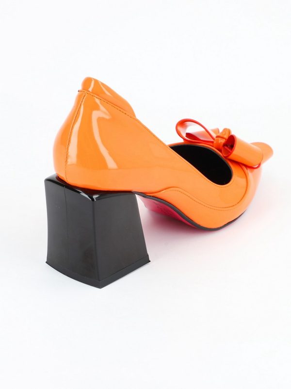 Pantofi Dama cu Toc Gros din Piele Eco cu Fundita Portocaliu - BS733PT2305425 119