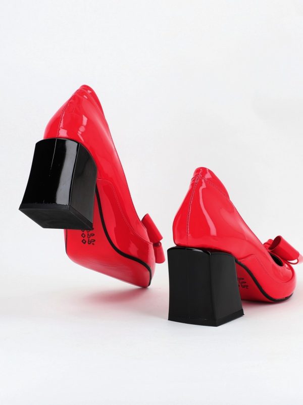 Pantofi Dama cu Toc Gros din Piele Eco cu Fundita Roșu - BS733PT2305428 119