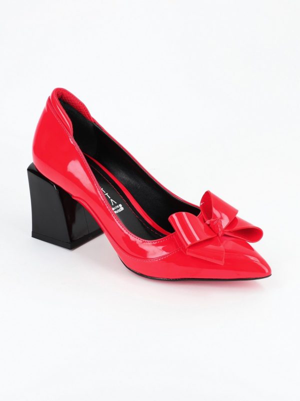 Pantofi Dama cu Toc Gros din Piele Eco cu Fundita Roșu - BS733PT2305428 122