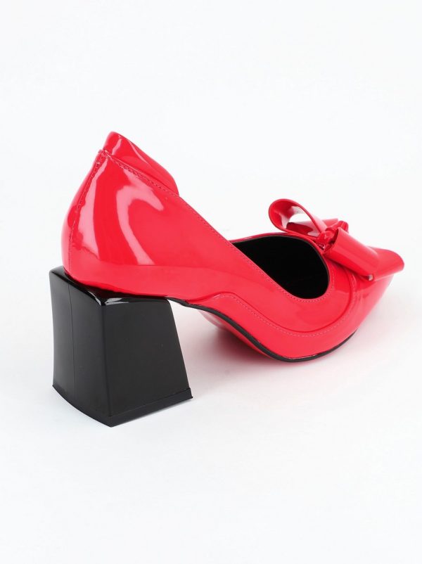 Pantofi Dama cu Toc Gros din Piele Eco cu Fundita Roșu - BS733PT2305428 120