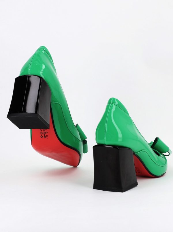 Pantofi Dama cu Toc Gros din Piele Eco cu Fundita Verde - BS733PT2305427 119