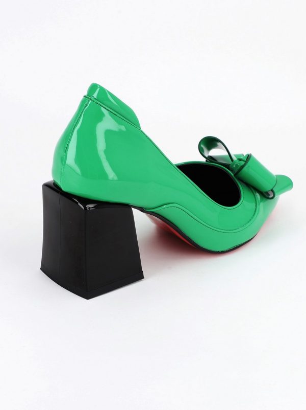 Pantofi Dama cu Toc Gros din Piele Eco cu Fundita Verde - BS733PT2305427 120