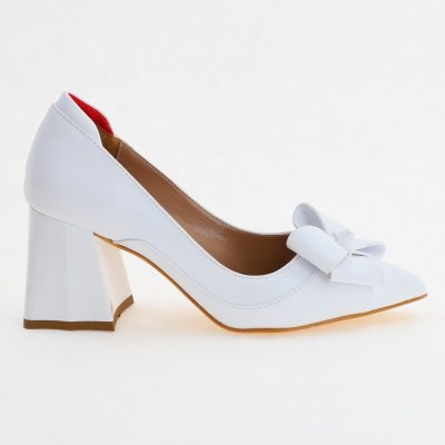 Pantofi Dama cu Toc Gros din Piele Eco cu Fundita Alb - BS733PT2307018