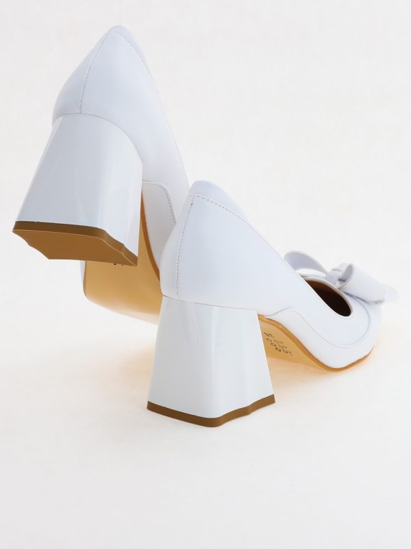 Pantofi Dama cu Toc Gros din Piele Eco cu Fundita Alb - BS733PT2307018 119