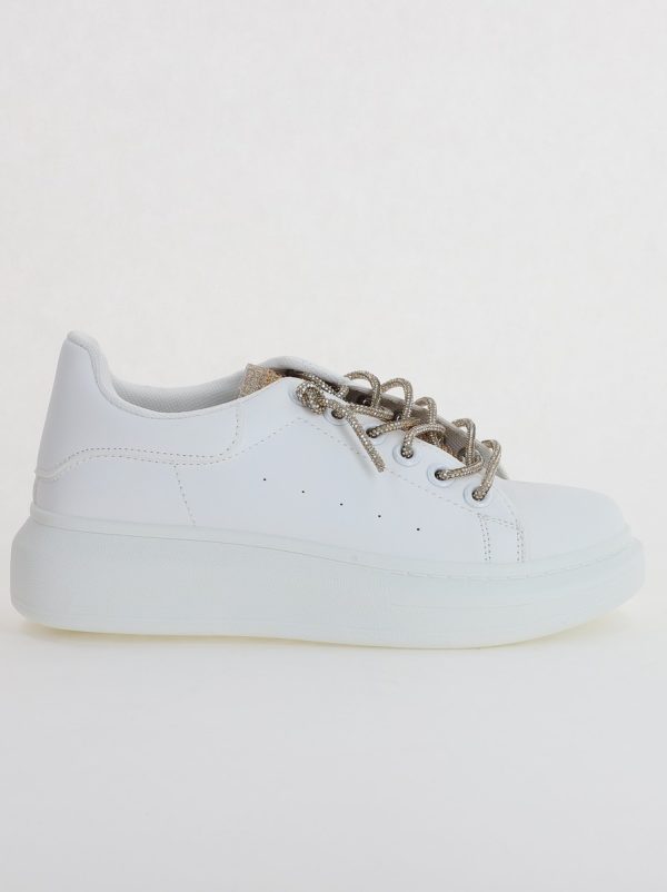 Pantofi sport dama albi cu talpa groasa cu sireturi cu pietricele culoare auriu (BS226EV2307113) 119