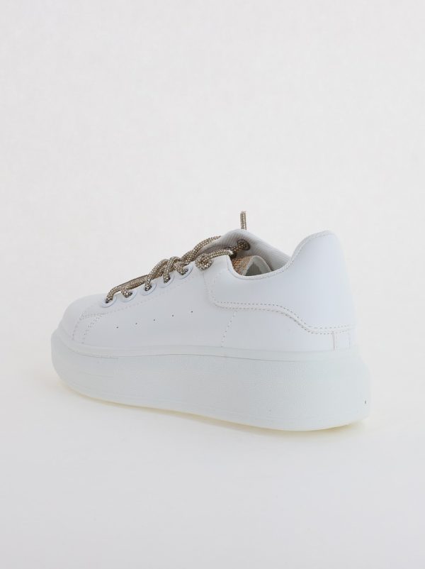 Pantofi sport dama albi cu talpa groasa cu sireturi cu pietricele culoare auriu (BS226EV2307113) 121