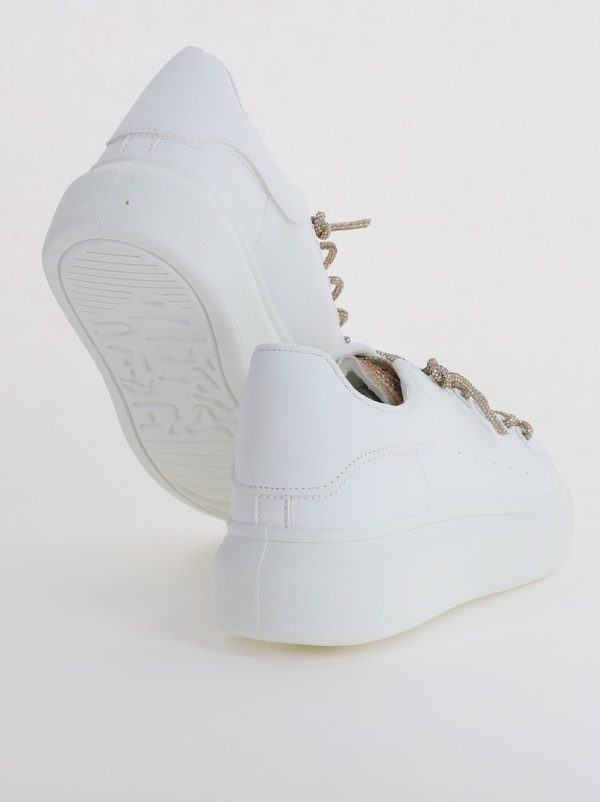 Pantofi sport dama albi cu talpa groasa cu sireturi cu pietricele culoare auriu (BS226EV2307113) 122