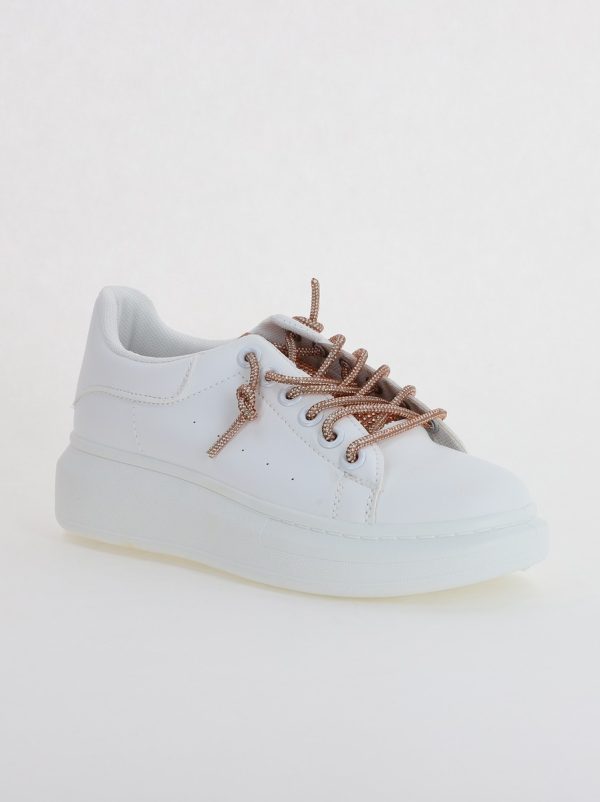 Pantofi Sport Dama - Pantofi sport dama albi cu talpa groasa cu sireturi cu pietricele culoare sampanie (BS226EV2307112)