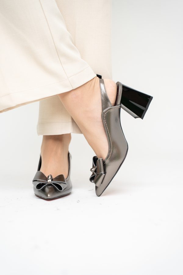 Pantofi damă cu Toc Eleganti Decupați cu Fundiță din Piele Ecologica culoare Platină - BS12000D2405485 123