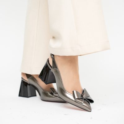 Pantofi damă cu Toc Eleganti Decupați cu Fundiță din Piele Ecologica culoare Platină - BS12000D2405485