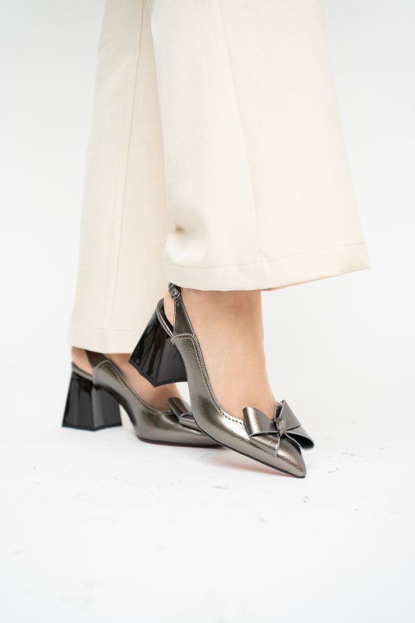 Pantofi damă cu Toc Eleganti Decupați cu Fundiță din Piele Ecologica culoare Platină - BS12000D2405485 119
