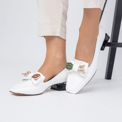 Pantofi cu Toc jos Eleganti din Piele Ecologica Alb - BS161BA2308181