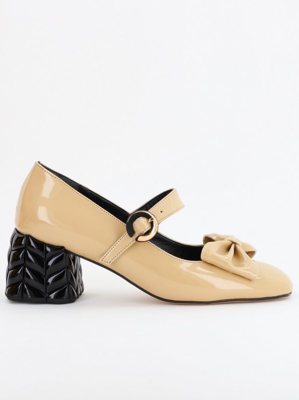 Pantofi cu Toc Eleganti cu Fundiță din Piele Ecologica culoare Bej Lucios - BS300AY2309249 121