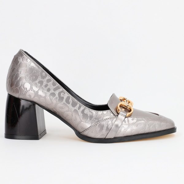 Pantofi Dama cu Toc din Piele Ecologica design cu lant argintiu - BS520AY2309130 119