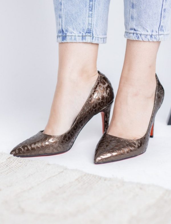 Pantofi Dama cu Toc subtire stiletto Bronz cu model (BS799AY2309103) 119