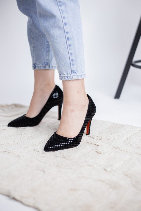 Pantofi Dama cu Toc subtire stiletto Negru cu model (BS799AY2309104) 119
