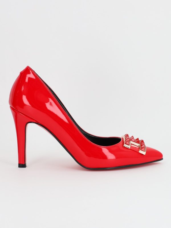 Pantofi de Dama cu Toc Stiletto din Piele Ecologica si Detalii Decorative Rosu BS797AY2309141 122