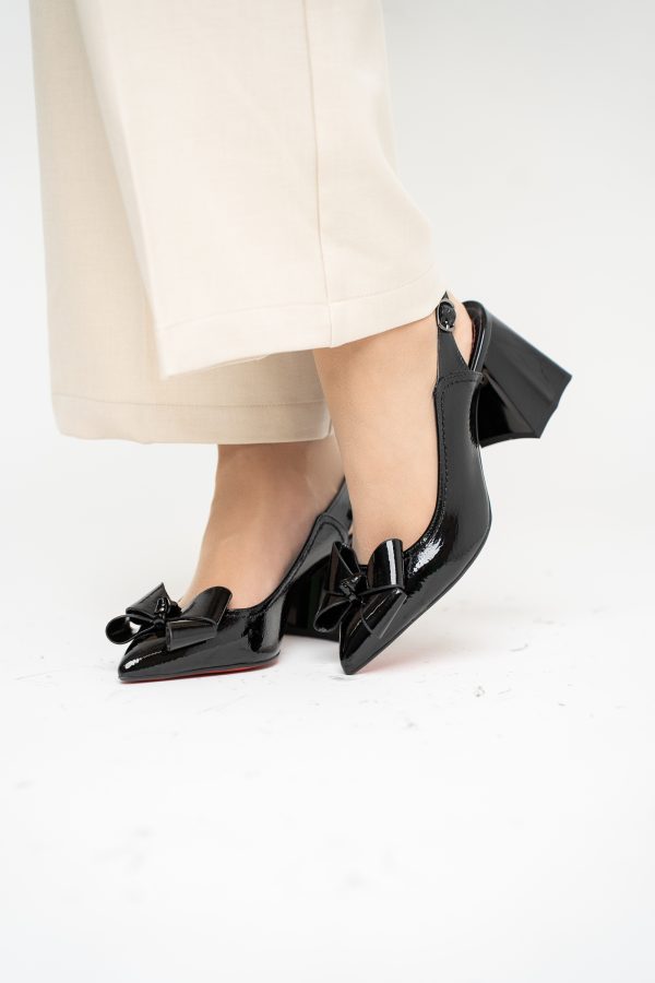 Pantofi damă cu Toc Eleganti Decupați cu Fundiță din Piele Ecologica culoare Negru lac - BS12000D2405486 121