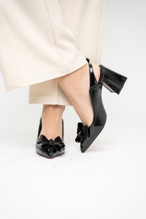Pantofi damă cu Toc Eleganti Decupați cu Fundiță din Piele Ecologica culoare Negru lac - BS12000D2405486 123