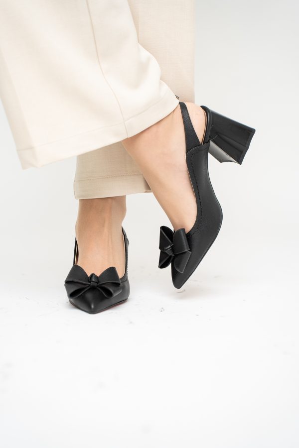Pantofi damă cu Toc Eleganti Decupați cu Fundiță din Piele Ecologica culoare Negru mat - BS12000D2405487 123