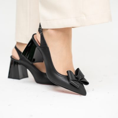 Pantofi damă cu Toc Eleganti Decupați cu Fundiță din Piele Ecologica culoare Negru mat - BS12000D2405487