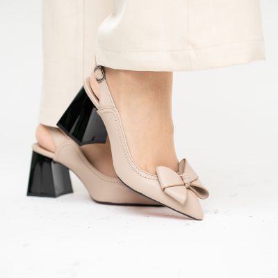 Pantofi damă cu Toc Eleganti Decupați cu Fundiță din Piele Ecologica culoare Bej mat - BS12000D2405488