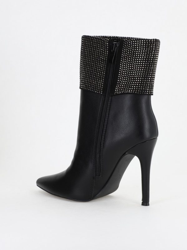 Botine elegante damă din piele ecologică toc subțire cu pietricele Negre (BS2833L2310141) 121