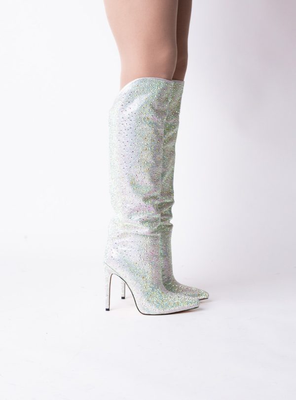 Cizme damă din piele ecologică cu toc-pietricele culoare Argintiu Sidefat (BS26CD2310148) 123