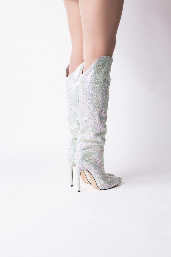 Cizme damă din piele ecologică cu toc-pietricele culoare Argintiu Sidefat (BS26CD2310148) 124