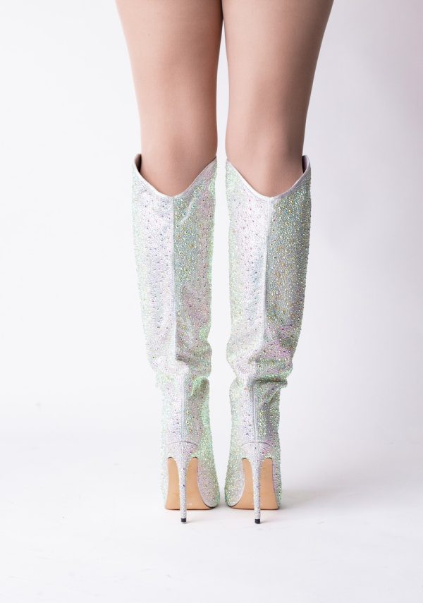 Cizme damă din piele ecologică cu toc-pietricele culoare Argintiu Sidefat (BS26CD2310148) 125