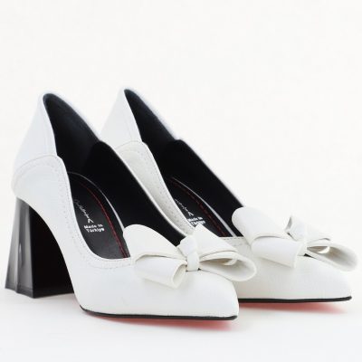 Pantofi Damă cu Toc din Piele Ecologică cu fundiță alb mat (BS2000D2401594)