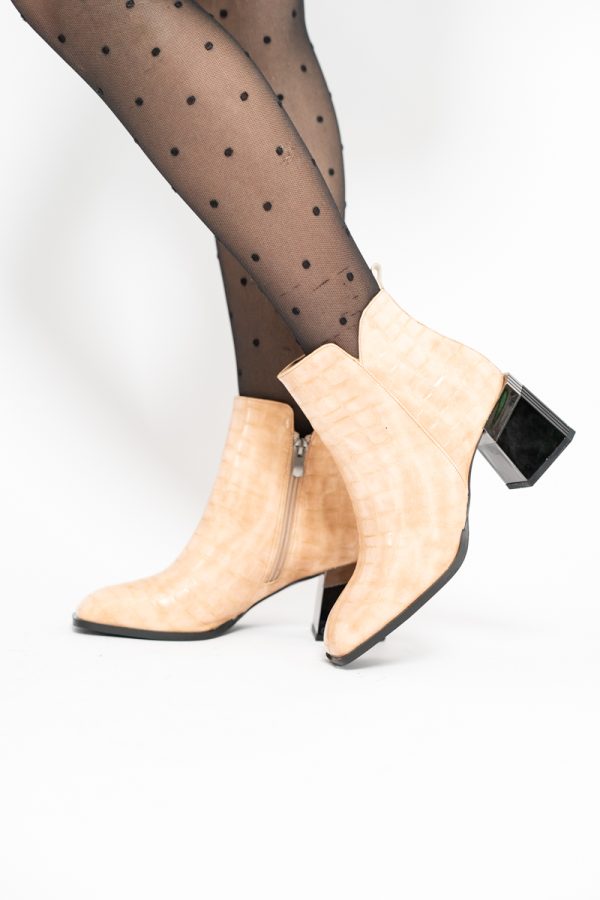 Botine elegante cu toc damă din piele ecologicătexturată închidere cu fermoar Nud lucioase BS601BT2312015 119