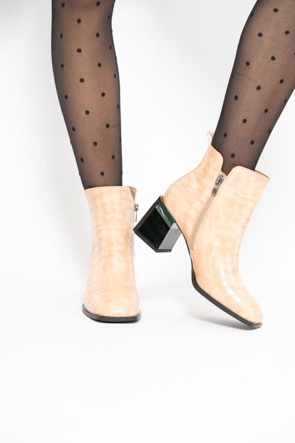 Botine elegante cu toc damă din piele ecologicătexturată închidere cu fermoar Nud lucioase BS601BT2312015 123