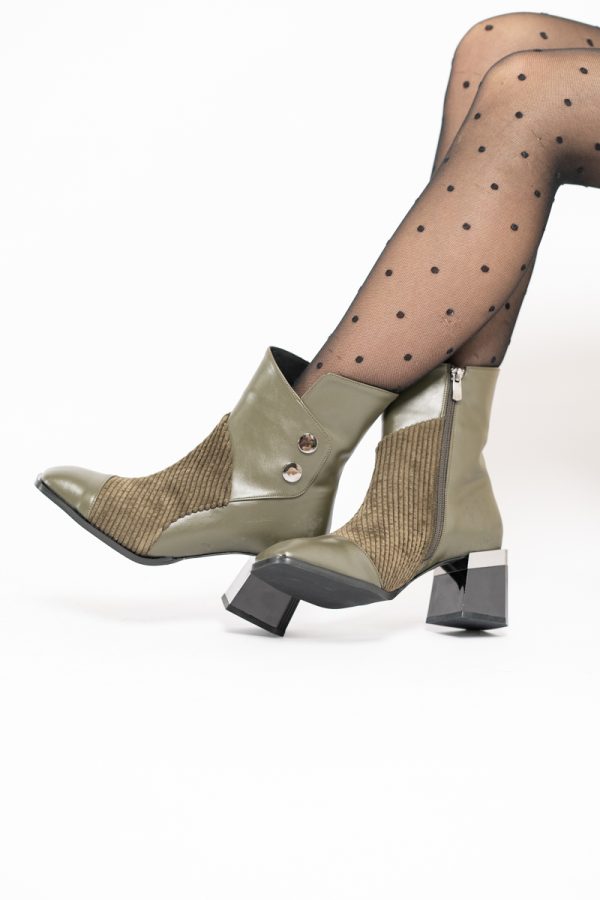 Botine elegante cu toc damă din piele ecologică închidere cu fermoar Kaki BS600BT2312018 119