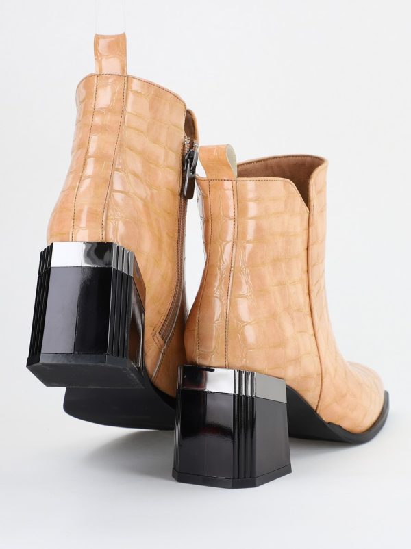 Botine elegante cu toc damă din piele ecologicătexturată închidere cu fermoar Nud lucioase BS601BT2312015 125