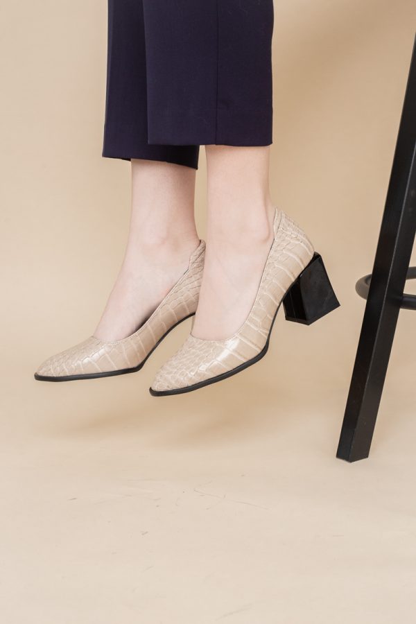Pantofi cu Toc Gros Piele Ecologica Texturată Varf Rotund culoare Bej (BS612CAY2401562) 123