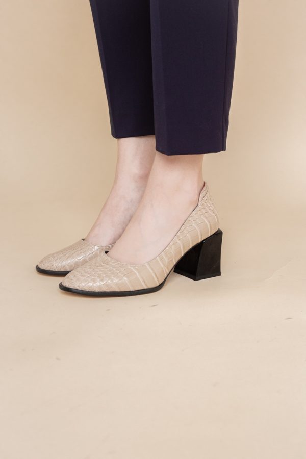 Pantofi cu Toc Gros Piele Ecologica Texturată Varf Rotund culoare Bej (BS612CAY2401562) 127