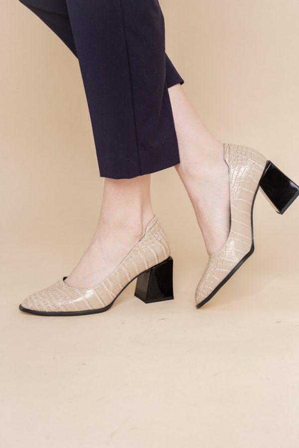 Pantofi cu Toc Gros Piele Ecologica Texturată Varf Rotund culoare Bej (BS612CAY2401562) 119