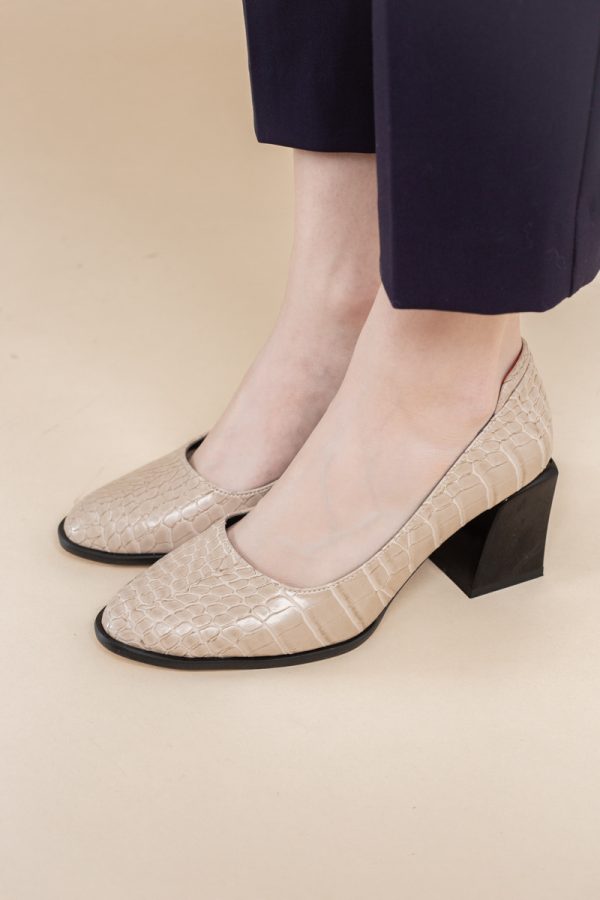 Pantofi cu Toc Gros Piele Ecologica Texturată Varf Rotund culoare Bej (BS612CAY2401562) 121