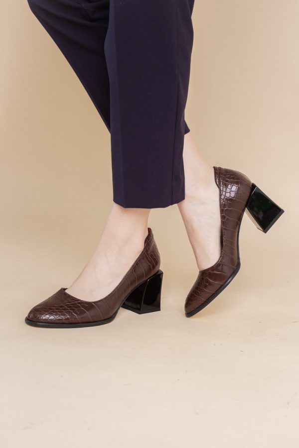 Pantofi cu Toc Gros Piele Ecologica Texturată Varf Rotund culoare Vișiniu(BS612CAY2401564) 119