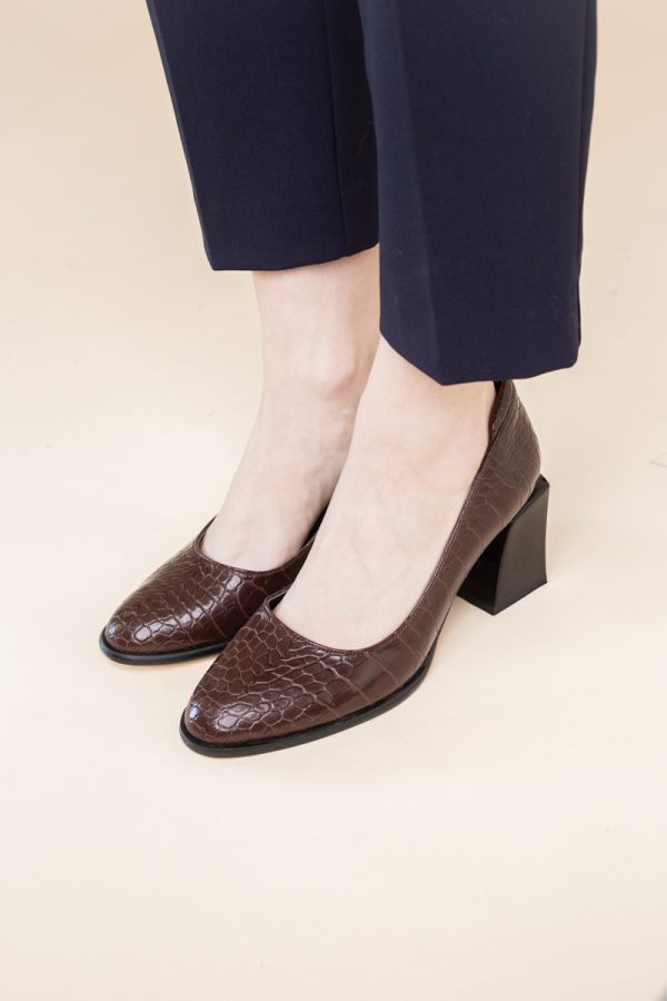 Pantofi cu Toc Gros Piele Ecologica Texturată Varf Rotund culoare Vișiniu(BS612CAY2401564) 123