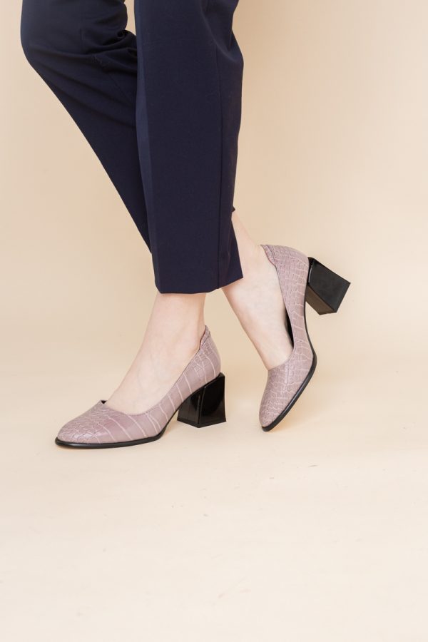 Pantofi cu Toc Gros Piele Ecologica Texturată Varf Rotund culoare Roz (BS612CAY2401560) 119