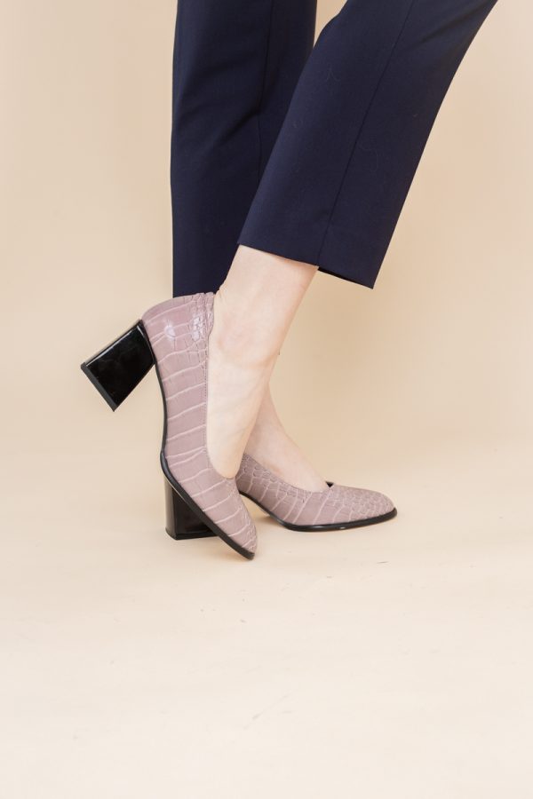 Pantofi cu Toc Gros Piele Ecologica Texturată Varf Rotund culoare Roz (BS612CAY2401560) 123