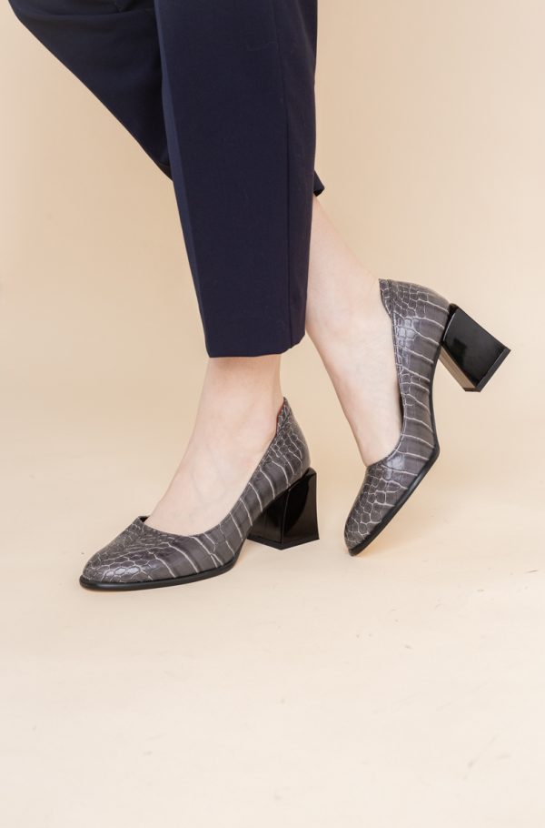 Pantofi cu Toc Gros Piele Ecologica Texturată Varf Rotund culoare Gri Inchis(BS612CAY2401568) 119