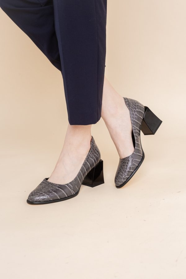Pantofi cu Toc Gros Piele Ecologica Texturată Varf Rotund culoare Gri Inchis(BS612CAY2401568) 125