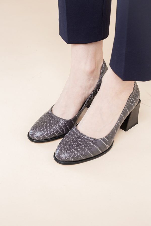 Pantofi cu Toc Gros Piele Ecologica Texturată Varf Rotund culoare Gri Inchis(BS612CAY2401568) 123
