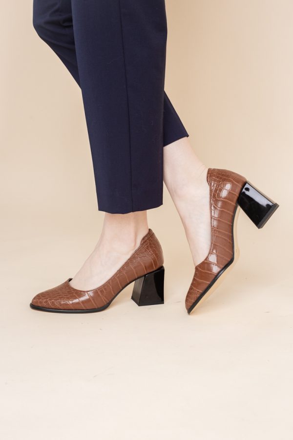 Pantofi cu Toc Gros Piele Ecologica Texturată Varf Rotund culoare Maro(BS612CAY2401569) 119