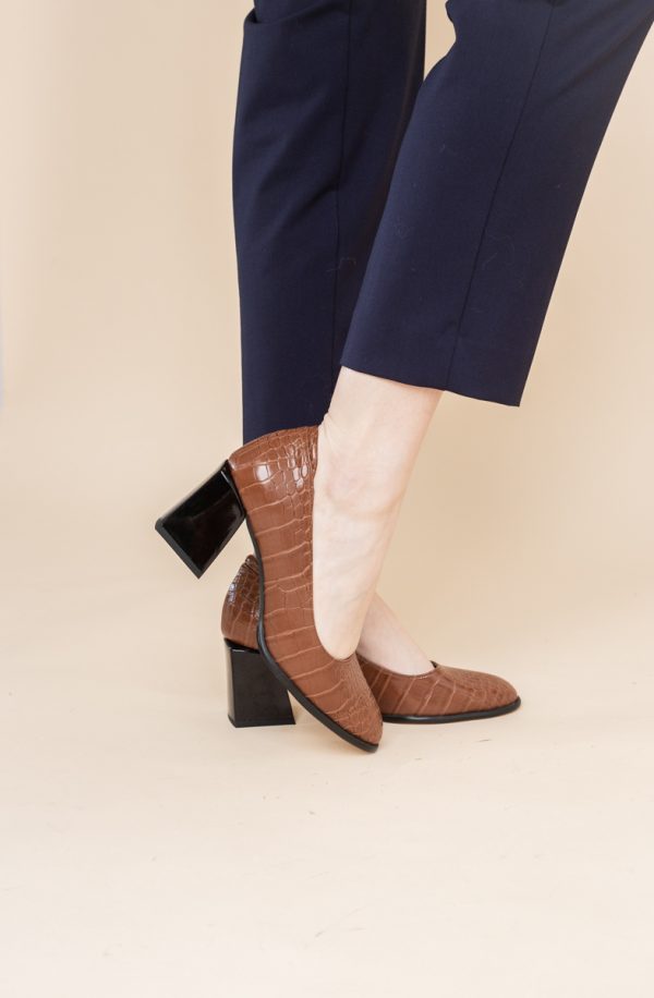 Pantofi cu Toc Gros Piele Ecologica Texturată Varf Rotund culoare Maro(BS612CAY2401569) 123